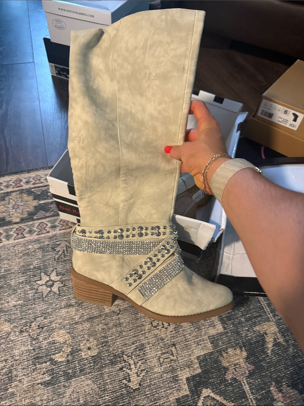 Not Rated Cream Studded Mid-Calf Heeled Boots